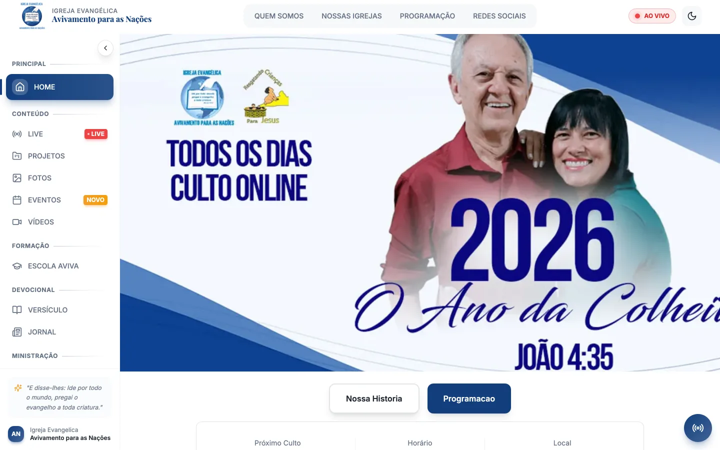 Primeira tela do site da Aviva Nações, igreja em São Paulo, com transmissão ao vivo