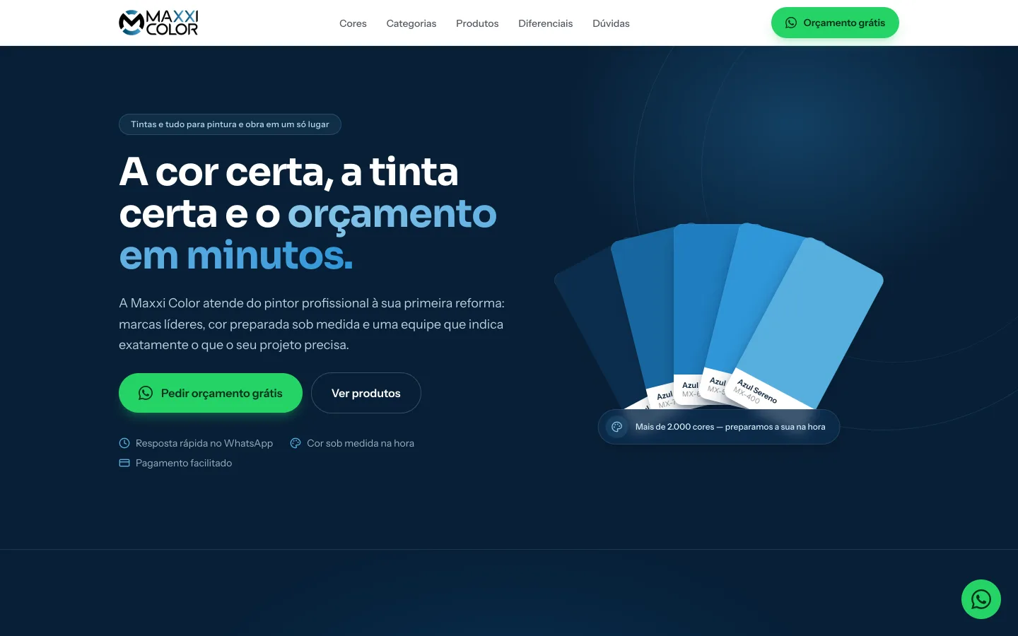 Primeira tela do site da Maxxi Color, loja de tintas em São Paulo, com botão de WhatsApp